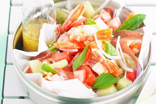 Cooking Salads Prawn, melon and feta salad