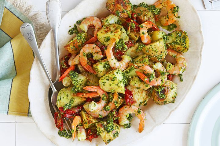 Cooking Salads Prawn, pesto & roast potato salad