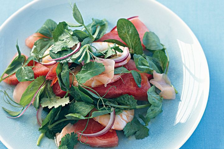 Cooking Salads Prawn, watermelon and snow pea leaf salad