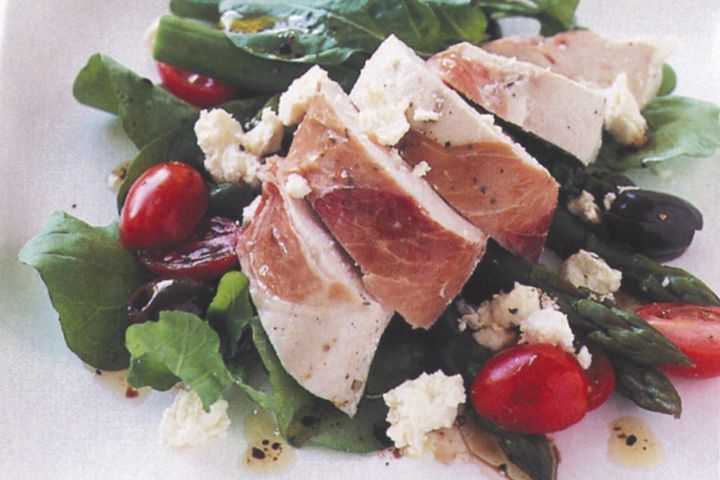 Cooking Salads Prosciutto-wrapped chicken with asparagus salad