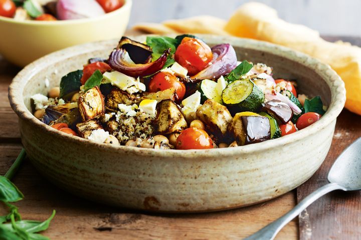 Cooking Salads Quinoa salad with chickpeas, roasted eggplant and feta