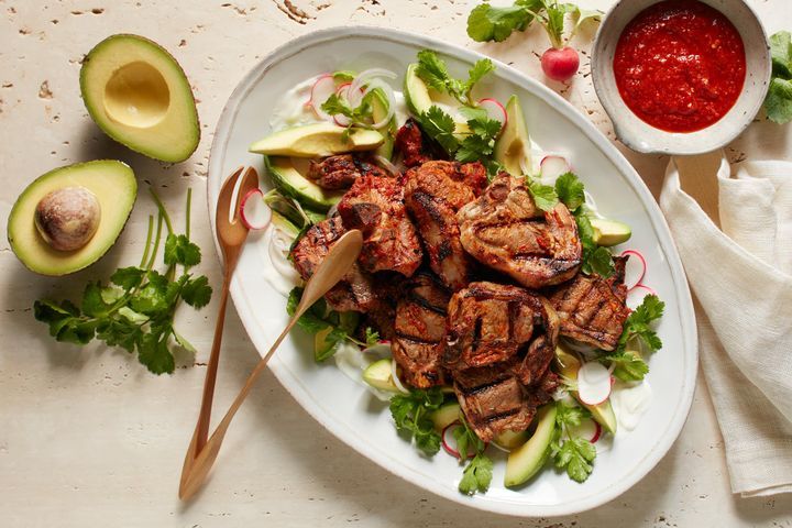 Cooking Salads Red chermoula lamb with avocado salad