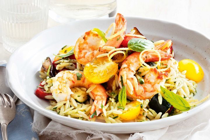 Cooking Salads Risoni salad with grilled prawns, basil and roasted vegetables
