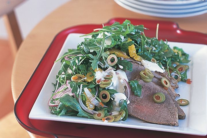 Cooking Salads Roast beef salad with green olives and horseradish cream