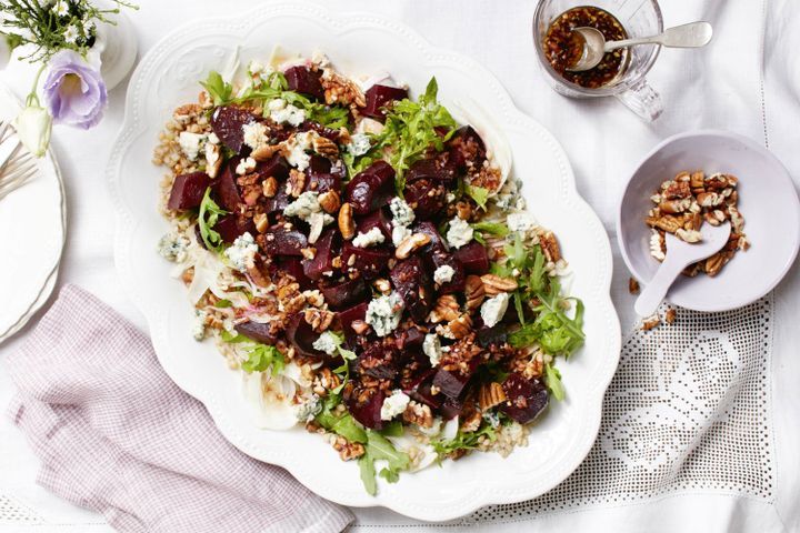 Cooking Salads Roasted beetroot and barley salad with balsamic and blue cheese