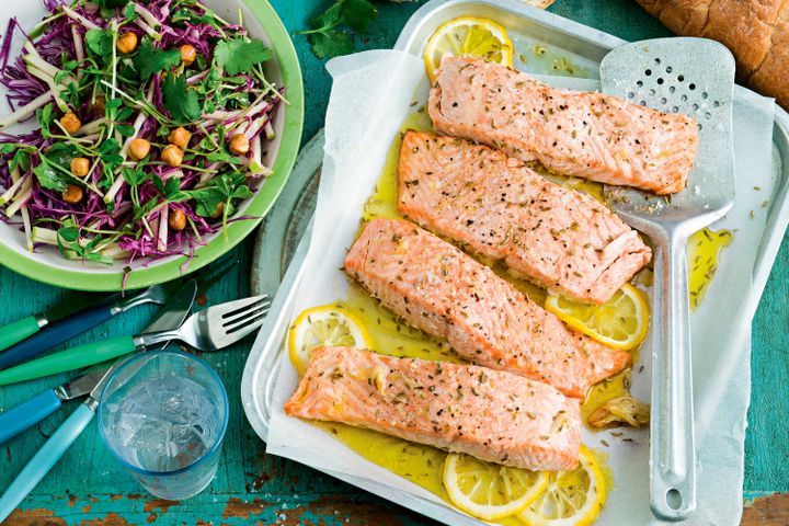 Cooking Salads Roasted fennel salmon with apple and cabbage salad