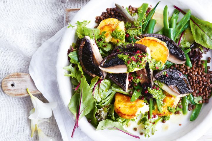 Cooking Salads Roasted mushroom and haloumi salad with crispy lentils