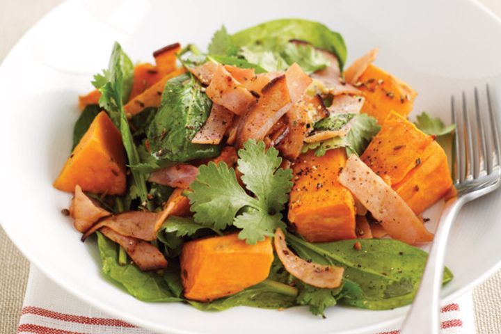 Cooking Salads Roasted sweet potato salad with crispy ham and spinach