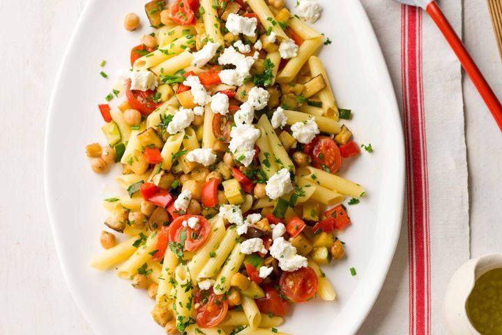 Cooking Salads Roasted vegetable & chickpea pasta salad