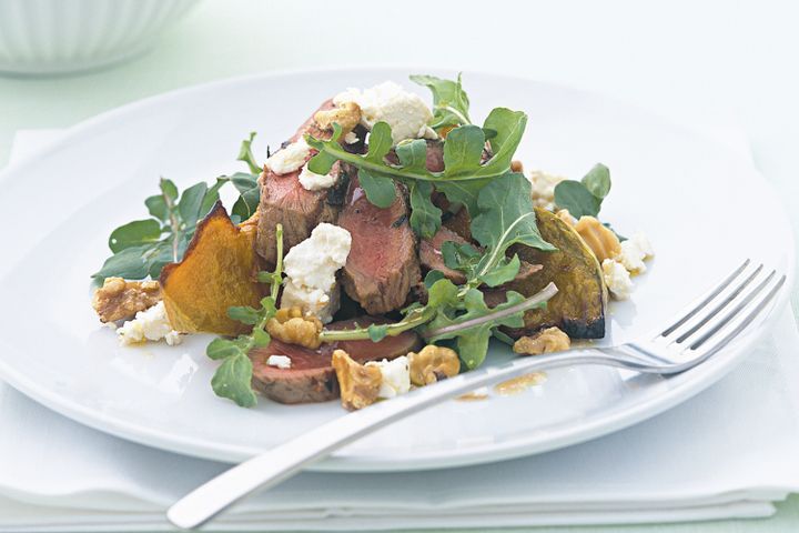 Cooking Salads Rosemary lamb with pumpkin, goats feta and walnut salad