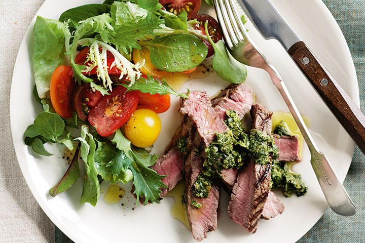 Cooking Salads Rump steak with salsa verde and tomato salad