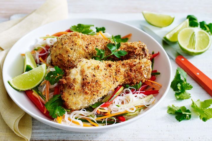 Cooking Salads Salt and pepper chicken on rice noodle salad