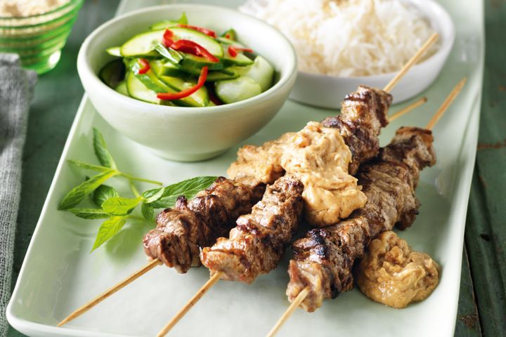 Cooking Salads Satay beef with sesame rice & cucumber salad