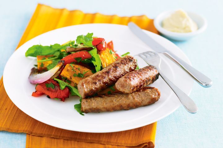 Cooking Salads Skinless sausages with roasted vegetable salad