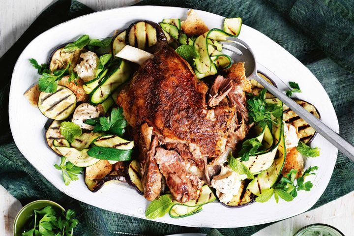 Cooking Salads Slow roasted lamb with grilled eggplant salad