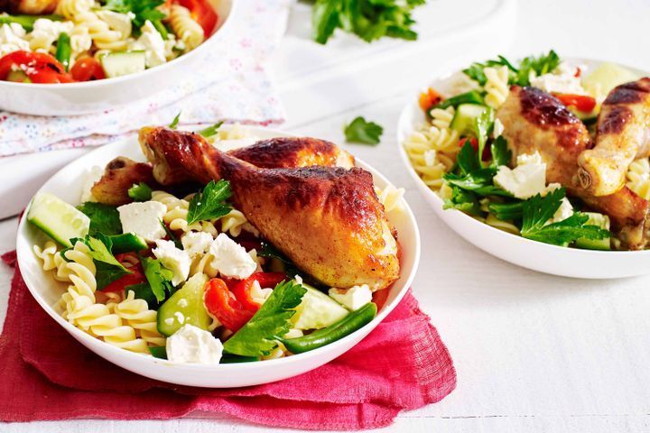 Cooking Salads Smoked paprika and honey chicken drumsticks with pasta salad