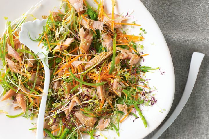 Cooking Salads Smoked trout with snow pea salad