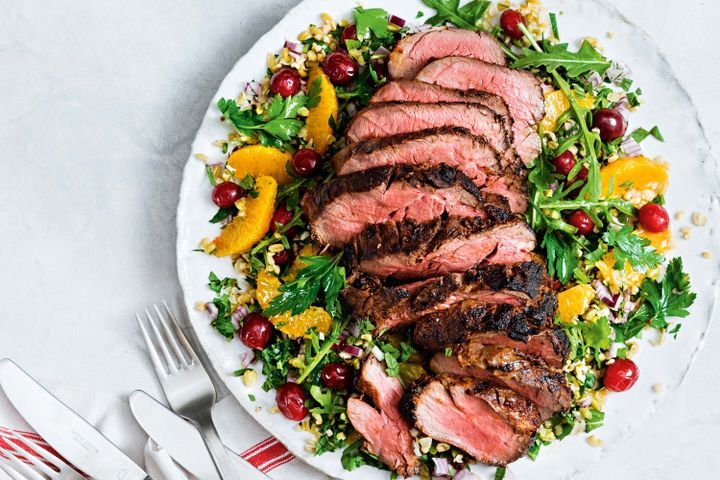 Cooking Salads Smoky Southern-style beef with freekeh and cranberry salad