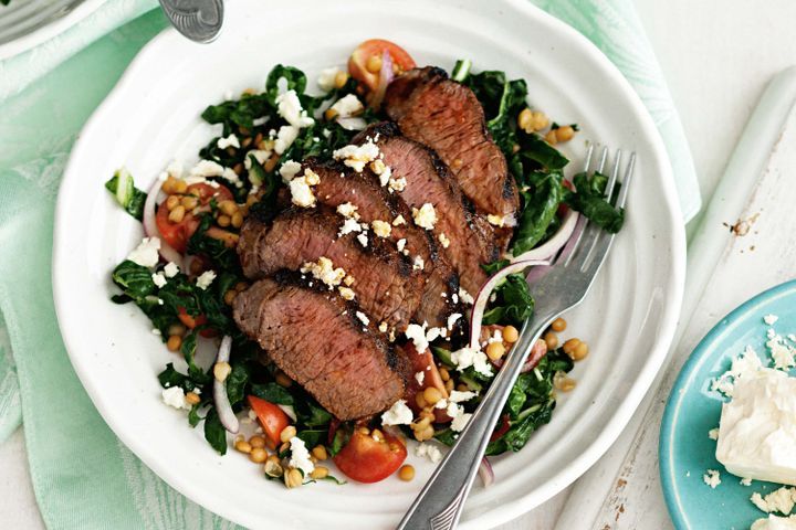 Cooking Salads Smoky chilli beef with warm lentil and silverbeet salad