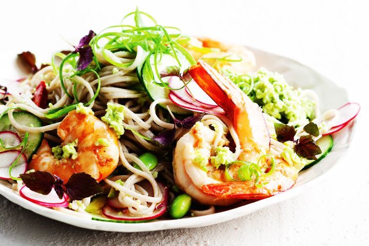 Cooking Salads Soba noodle and prawn salad with edamame pesto