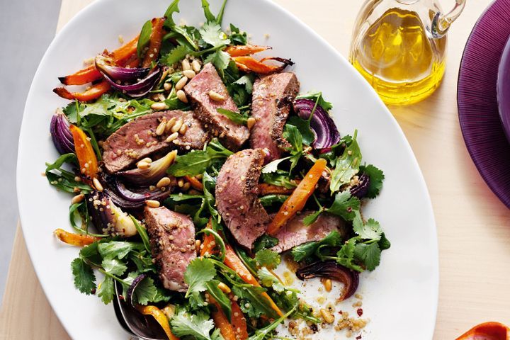 Cooking Salads Spice-rubbed steak with carrot and quinoa salad