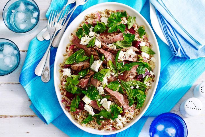 Cooking Salads Spiced beef with quinoa and lentil salad
