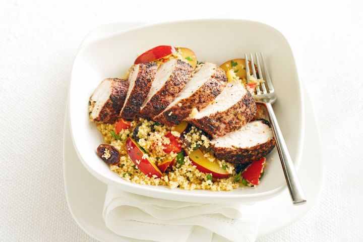 Cooking Salads Spiced chicken with couscous and plum salad