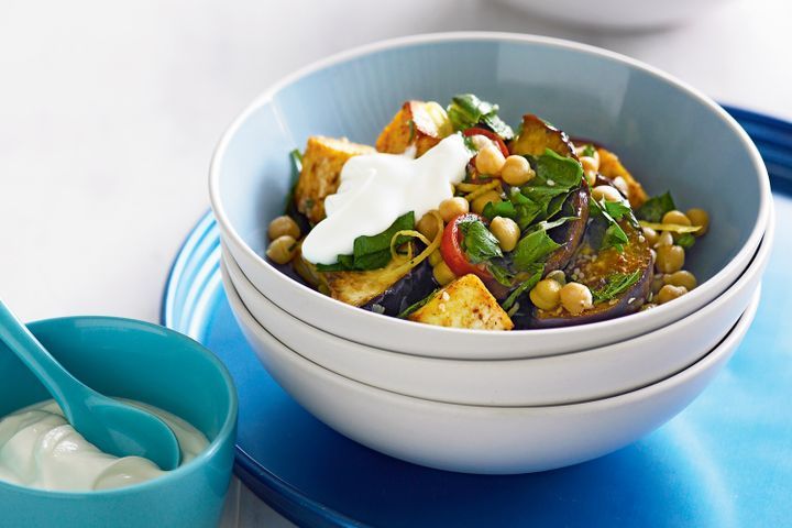 Cooking Salads Spiced eggplant & chickpea salad with yoghurt