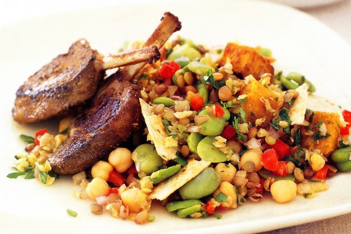 Cooking Salads Spiced lamb cutlets with mixed lentil salad