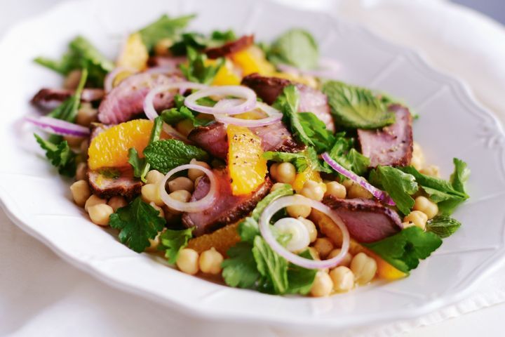 Cooking Salads Spiced lamb with chickpea, orange and herb salad