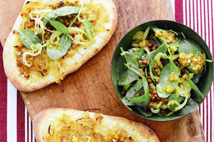 Cooking Salads Spiced onion naan with lentil salad