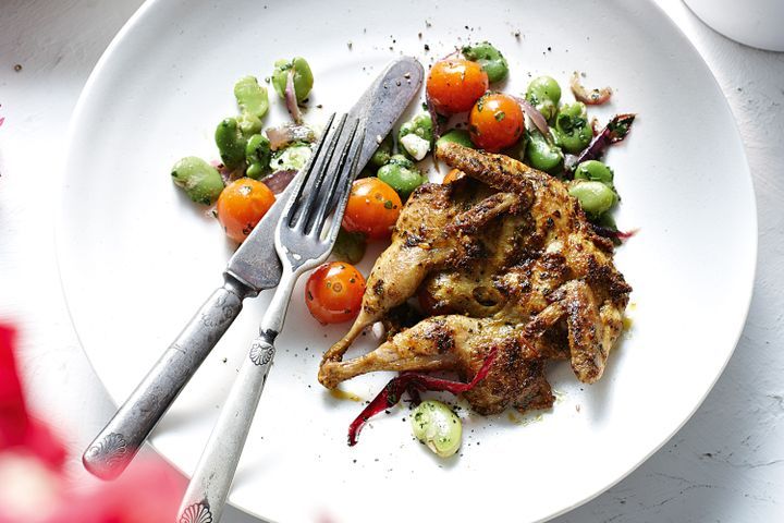 Cooking Salads Spiced quail with broad bean & tomato salad