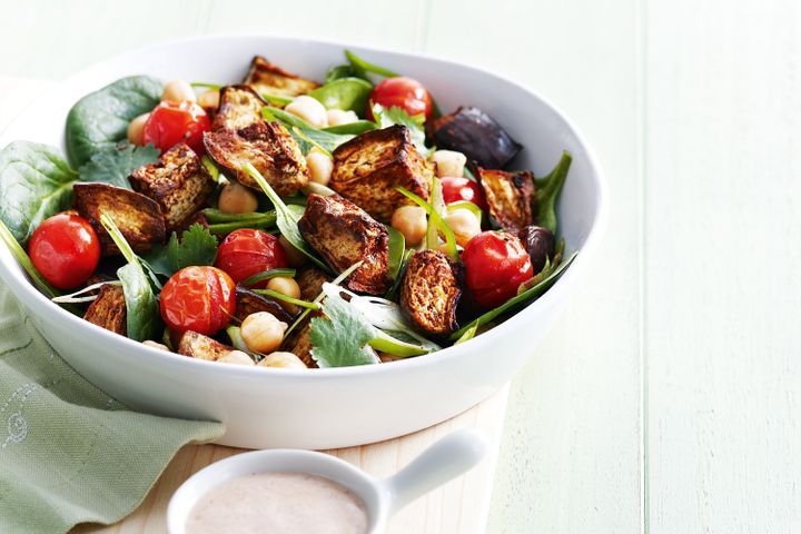 Cooking Salads Spicy eggplant & chickpea salad with paprika yoghurt