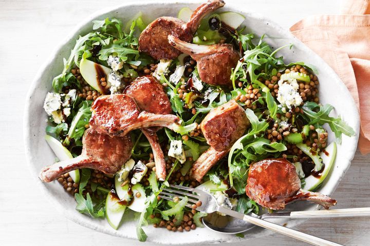 Cooking Salads Sticky balsamic lamb with apple and lentil salad