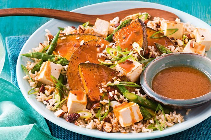 Cooking Salads Sticky miso pumpkin salad with roasted chilli almonds