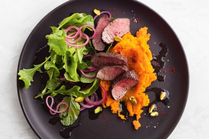 Cooking Salads Sumac-crusted lamb with carrot smash and mint salad