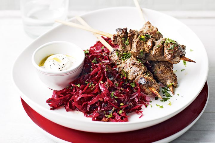 Cooking Salads Sumac and yoghurt lamb kebabs with raw beetroot salad