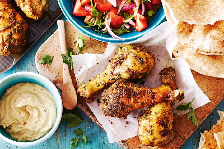 Cooking Salads Sumac chicken drumsticks with spiced tomato salad