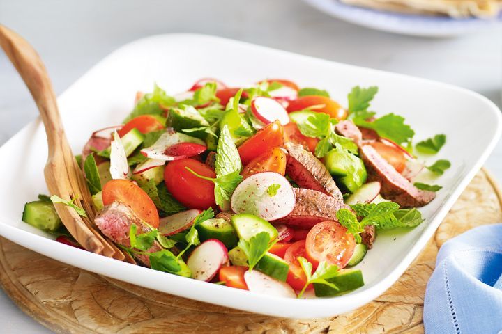 Cooking Salads Sumac lamb, radish, tomato and mint salad