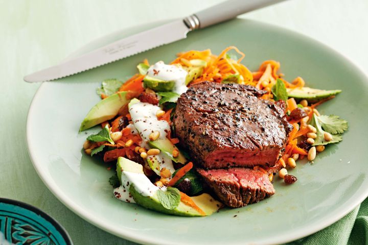Cooking Salads Sumac steaks with carrot and avocado salad