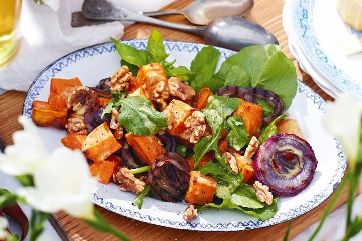 Cooking Salads Sweet potato, walnut & chargrilled red onion salad