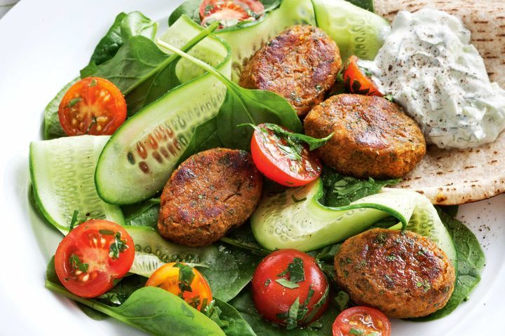 Cooking Salads Sweet potato & coriander falafels with tomato salad