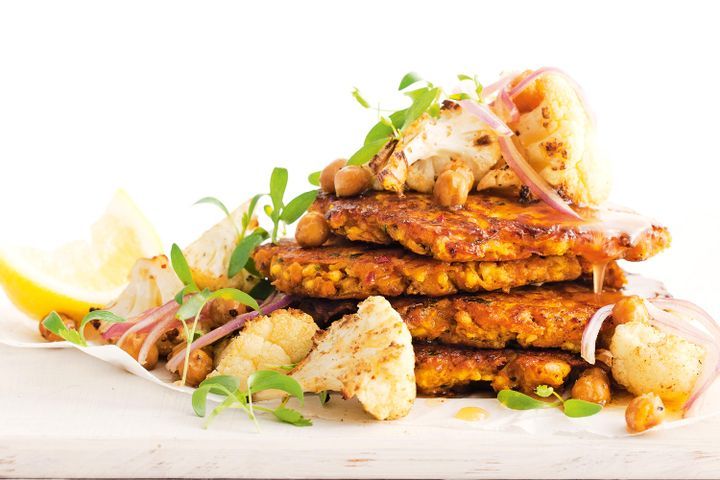 Cooking Salads Tikka paneer fritters with cauliflower and chickpea salad