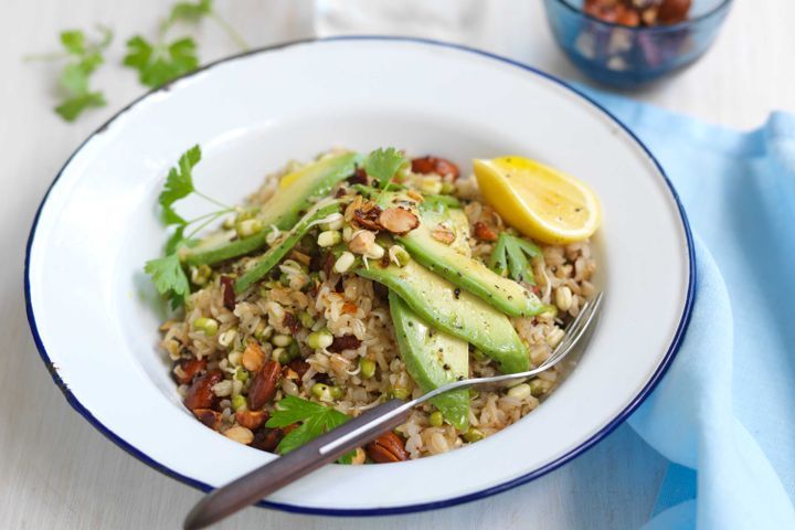 Cooking Salads Toasted brown rice salad with spiced almonds and avocado