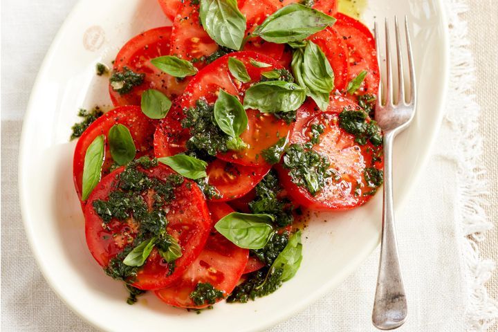 Cooking Salads Tomato salad with basil oil dressing