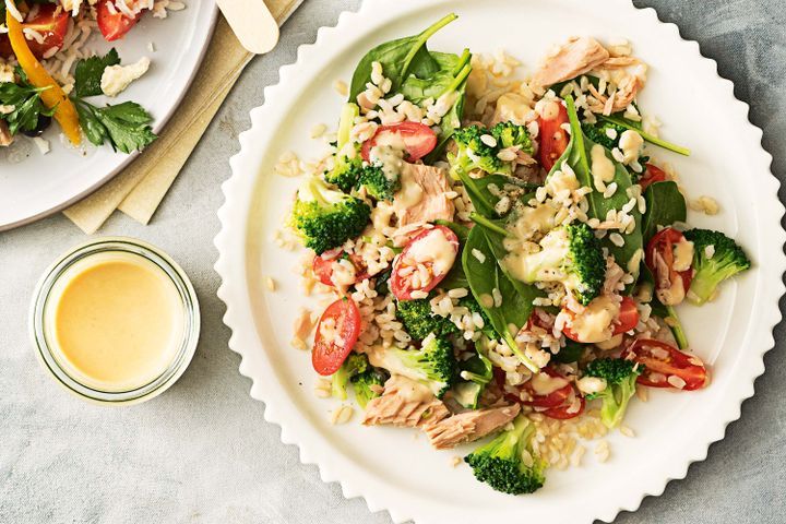 Cooking Salads Tuna and broccoli salad with hummus dressing
