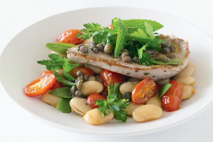 Cooking Salads Veal with butter bean & salsa verde salad
