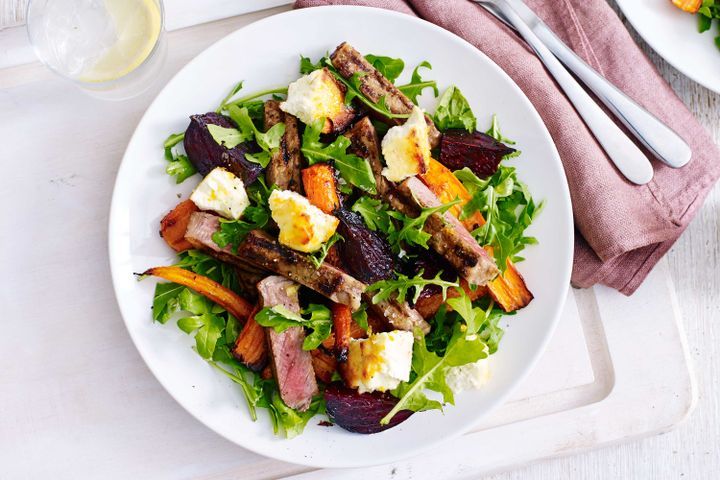 Cooking Salads Warm beetroot, carrot and ricotta salad with Moroccan beef