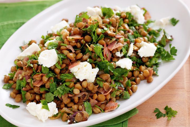 Cooking Salads Warm lentil, pancetta and feta salad