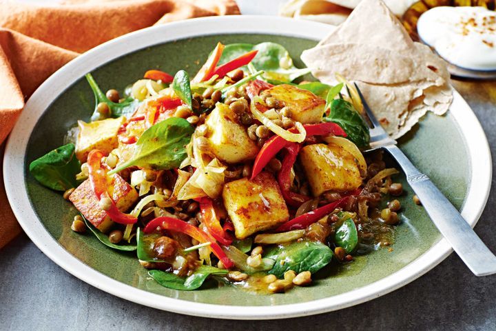 Cooking Salads Warm paneer and lentil salad with chutney dressing